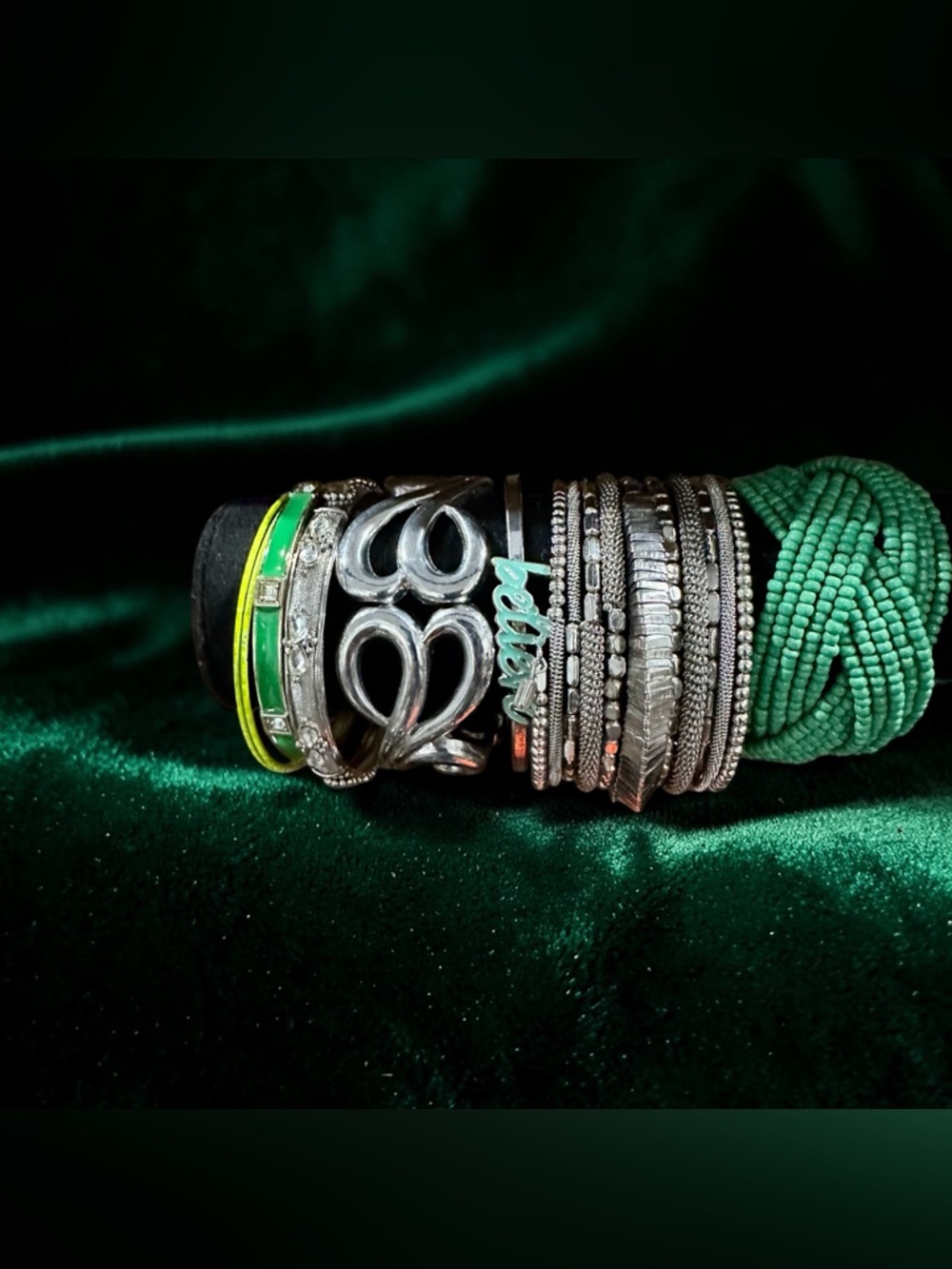 Boho Silver and Emerald Green Bangle Bracelet Stack- TribalMixed Mode Set - Picture 3 of 4